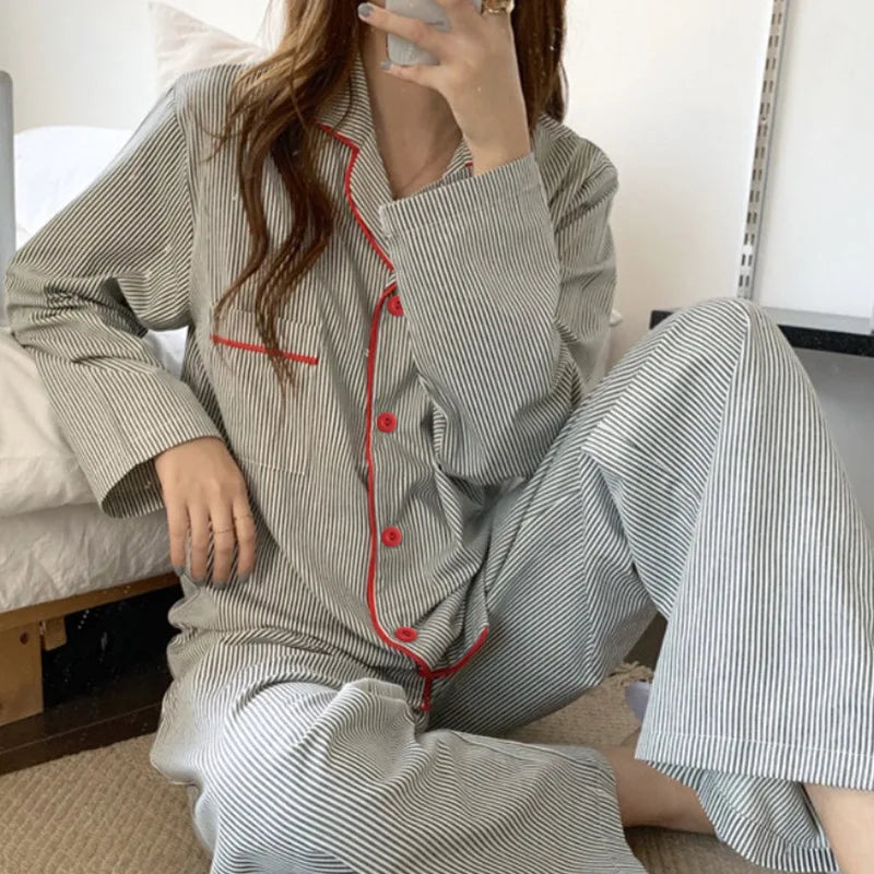 Women's Striped Pajama Set - Long-Sleeved Cardigan and Ankle-Length Pants for Spring and Autumn