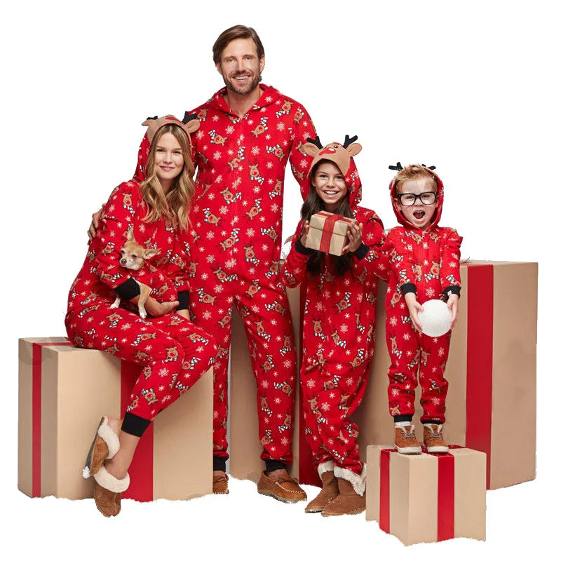 Christmas Family Matching Hooded Pajama Jumpsuits - Festive One-Piece Romper for Adults and Kids