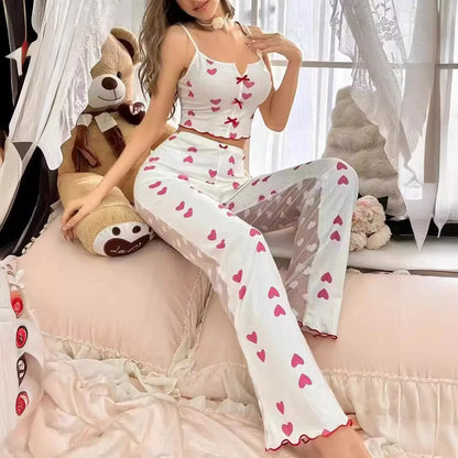 Women's Red Heart Print Pajama Set - Soft Sleeveless Top and Shorts Sleepwear