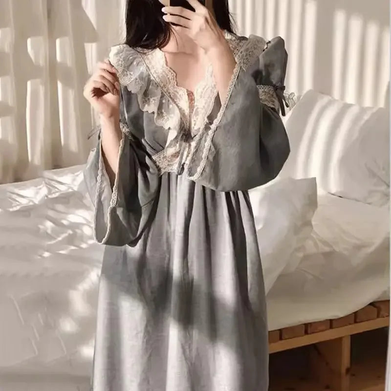 Women’s Lace Long Sleeve Nightgown – Korean Style Solid Sleepwear, Autumn Pajamas for Home Relaxation