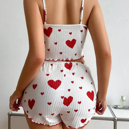 Women's Red Heart Print Pajama Set - Soft Sleeveless Top and Shorts Sleepwear