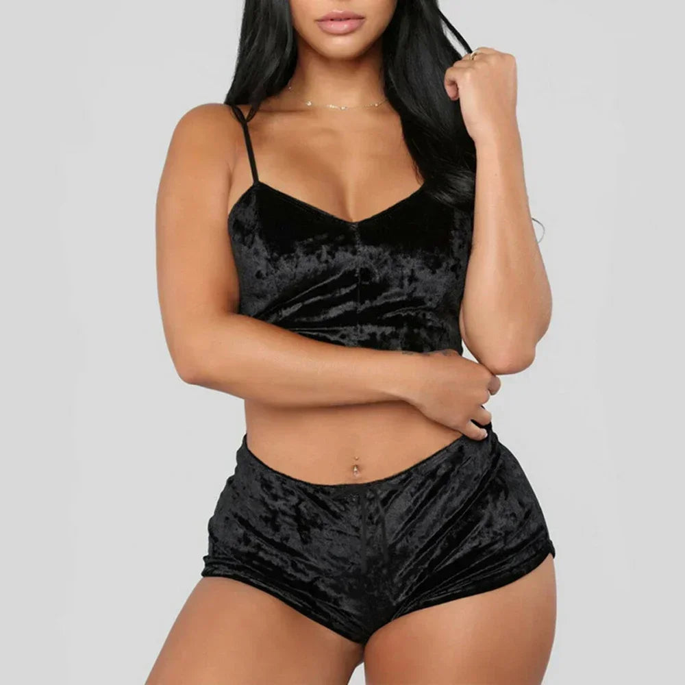 Women's Velvet Pajama Set - Sleeveless V-Neck Camisole and Shorts