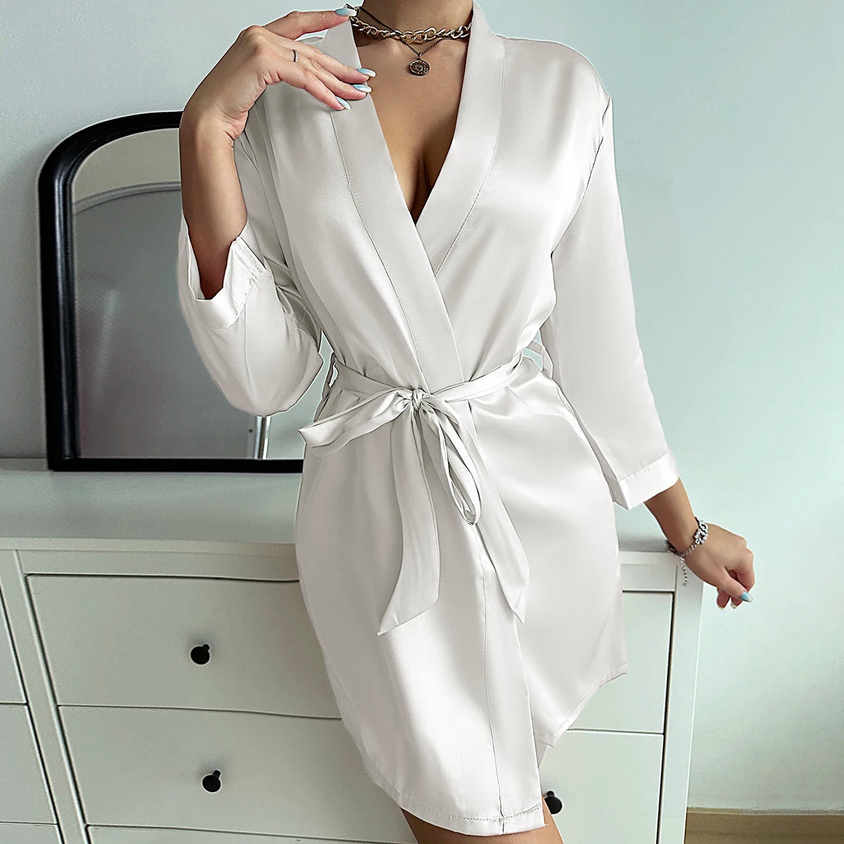 Women’s Ice Silk Bathrobe – Summer Lace-Up Morning Gown, Sexy Home Dress