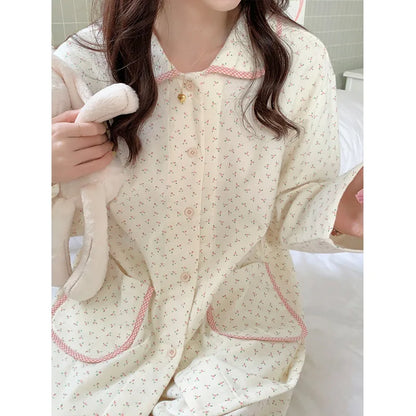 Women's Summer Heart Print Pajama Set - Long Sleeve Cardigan Sleepwear