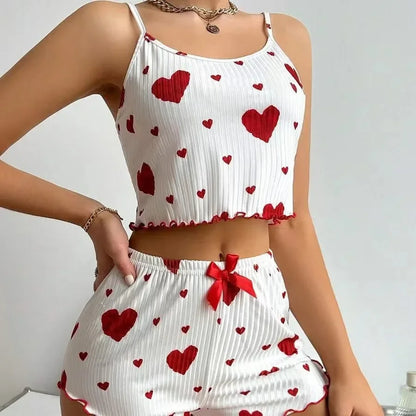 Women's Red Heart Print Pajama Set - Soft Sleeveless Top and Shorts Sleepwear