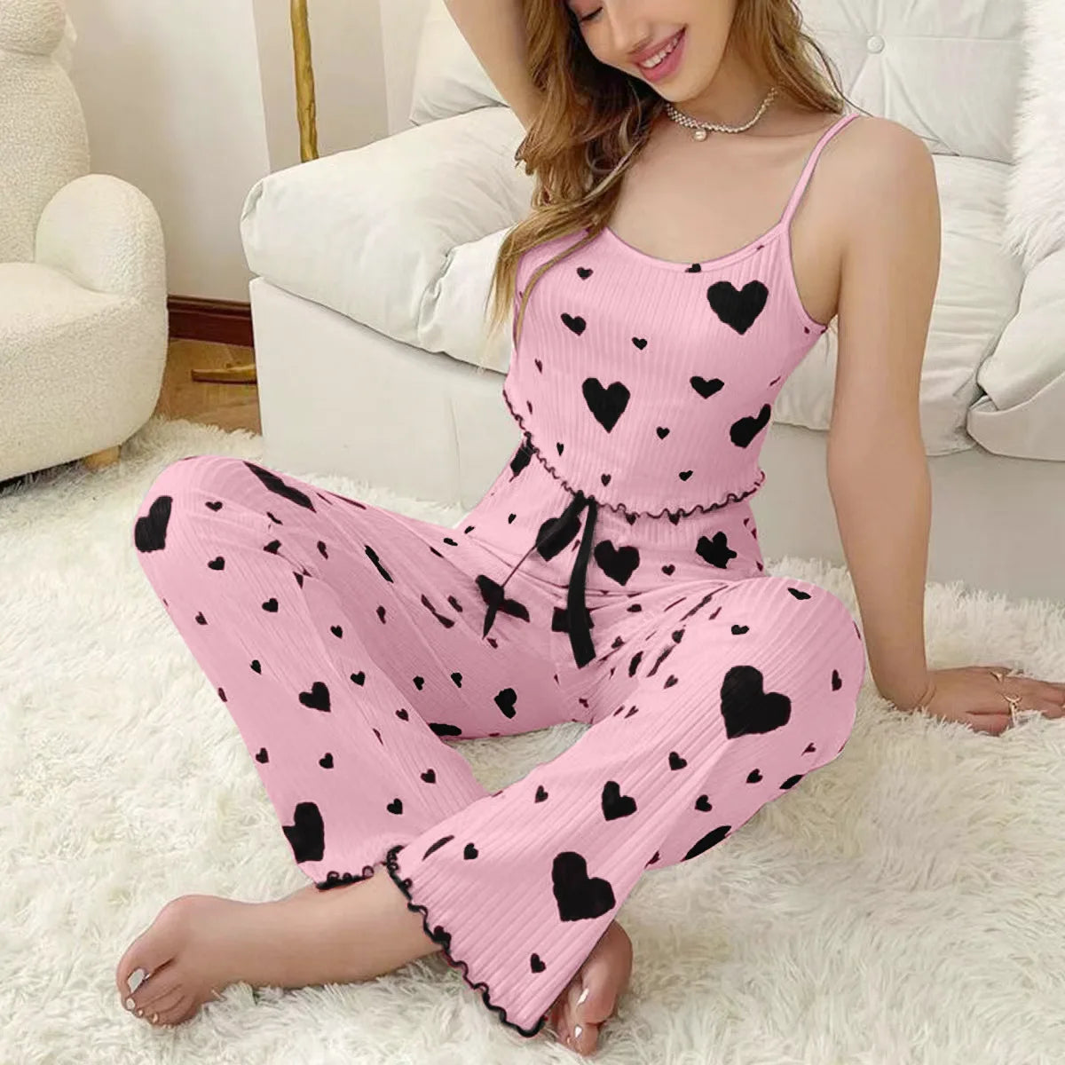 Women's Red Heart Print Pajama Set - Soft Sleeveless Top and Shorts Sleepwear