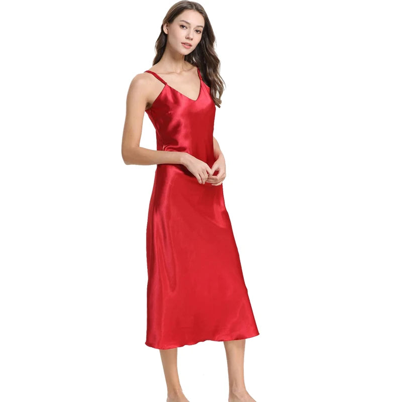 Women's Satin Long Nightgown – V Neck Sleep Dress, Silky Soft Nightwear for All Seasons