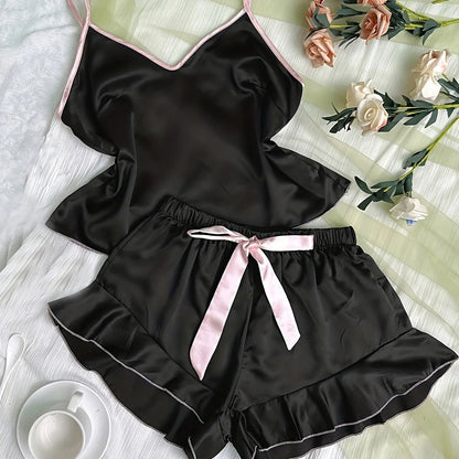 Women's Satin Pajama Set - V-Neck T-Shirt with Ruffled Edges and Bow Shorts