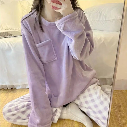 Women's Thick Fleece Pajama Set - Warm Winter Sleepwear with Plaid Pants