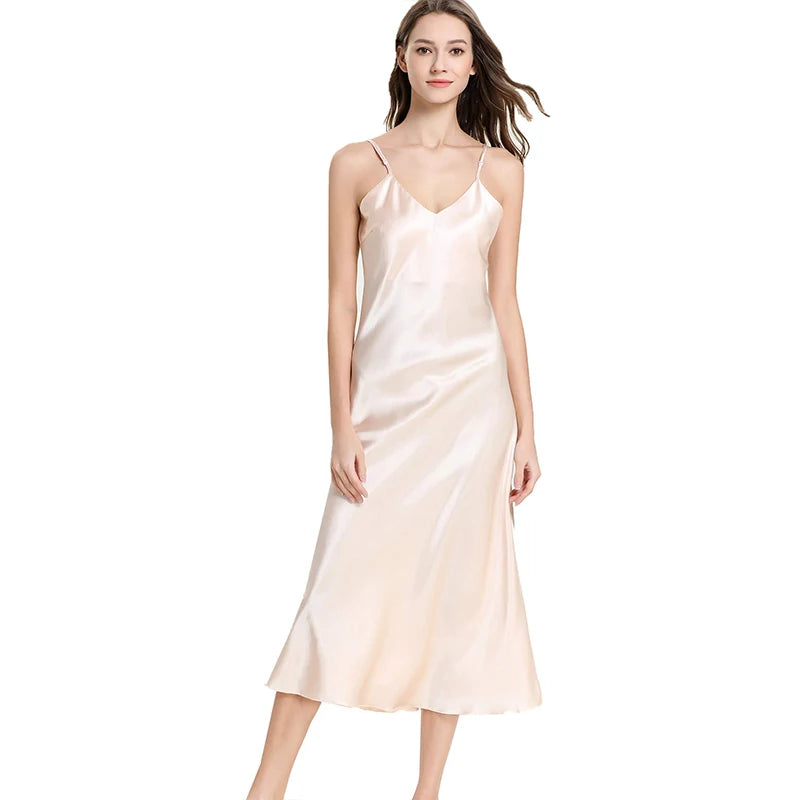 Women's Satin Long Nightgown – V Neck Sleep Dress, Silky Soft Nightwear for All Seasons