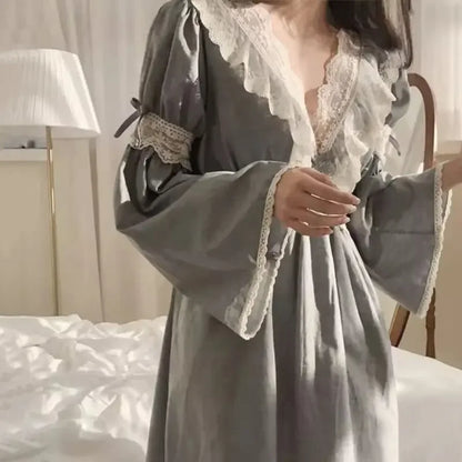 Women’s Lace Long Sleeve Nightgown – Korean Style Solid Sleepwear, Autumn Pajamas for Home Relaxation