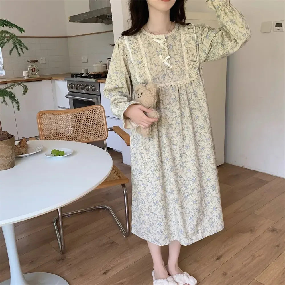 Women’s Floral Print Long Sleeve Night Dress – Vintage Ruffled Sleepwear with Bow Detail, Spring Homewear Pajamas