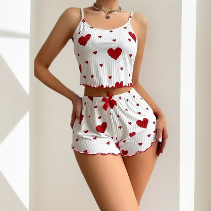 Women's Red Heart Print Pajama Set - Soft Sleeveless Top and Shorts Sleepwear