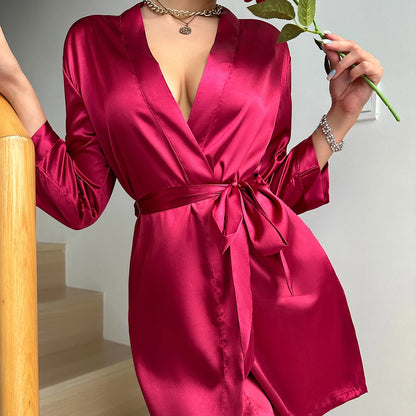 Women’s Ice Silk Bathrobe – Summer Lace-Up Morning Gown, Sexy Home Dress