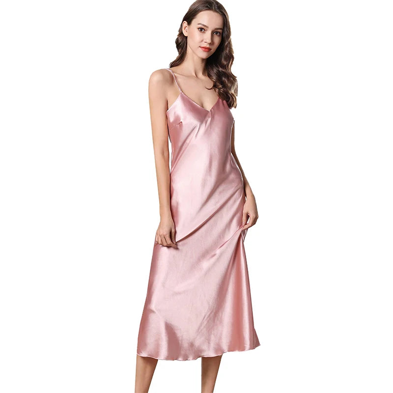 Women's Satin Long Nightgown – V Neck Sleep Dress, Silky Soft Nightwear for All Seasons