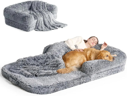 Foldable Human Dog Bed for Adults – Orthopedic Memory Foam Bed with Plush Faux Fur Cover, 72"x44"x12", Grey