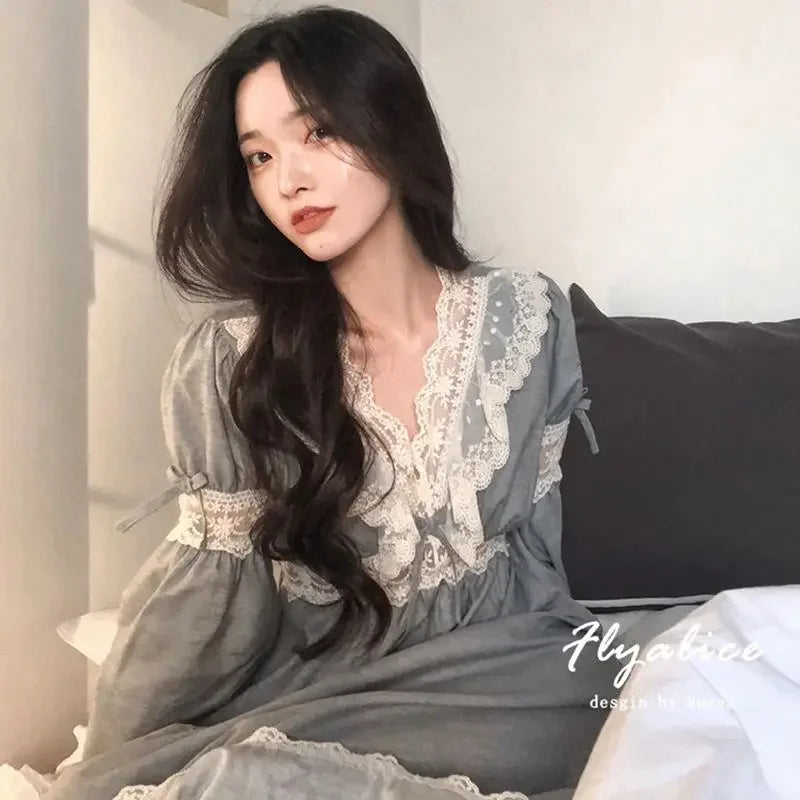 Women’s Lace Long Sleeve Nightgown – Korean Style Solid Sleepwear, Autumn Pajamas for Home Relaxation