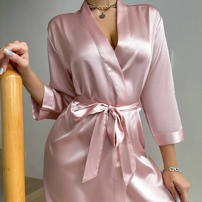 Women’s Ice Silk Bathrobe – Summer Lace-Up Morning Gown, Sexy Home Dress