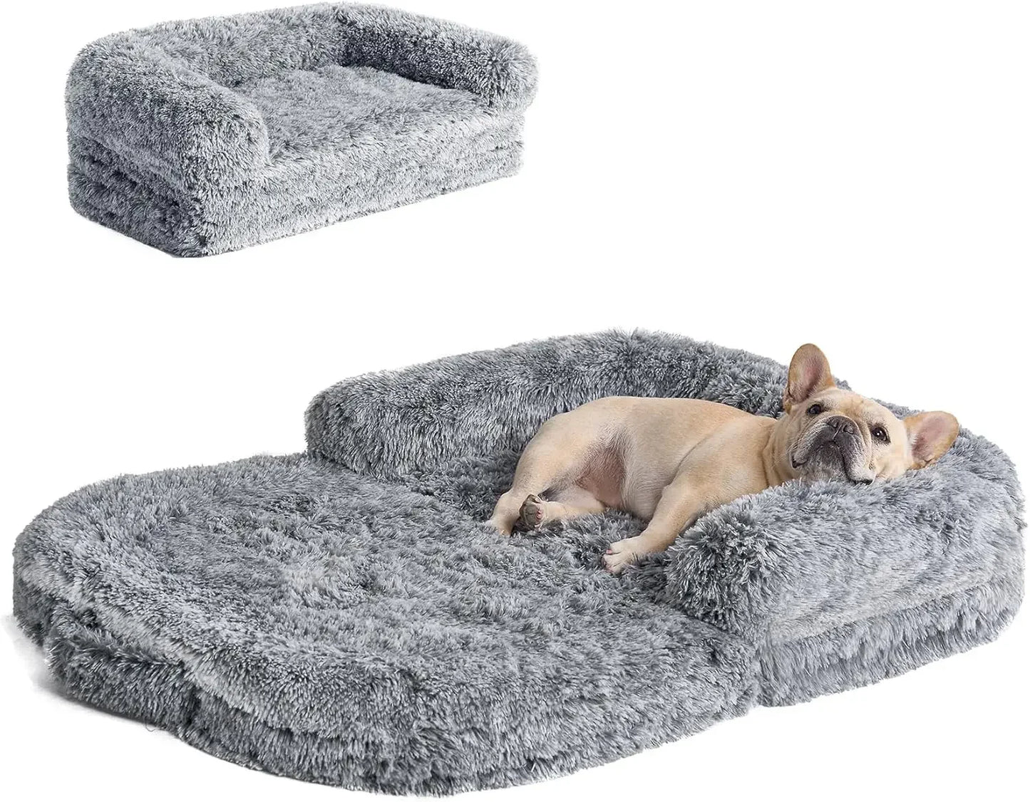 Foldable Human Dog Bed for Adults – Orthopedic Memory Foam Bed with Plush Faux Fur Cover, 72"x44"x12", Grey