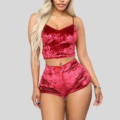 Women's Velvet Pajama Set - Sleeveless V-Neck Camisole and Shorts