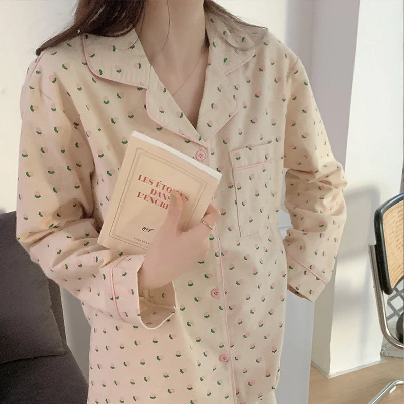 Women's Summer Heart Print Pajama Set - Long Sleeve Cardigan Sleepwear