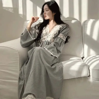 Women’s Lace Long Sleeve Nightgown – Korean Style Solid Sleepwear, Autumn Pajamas for Home Relaxation