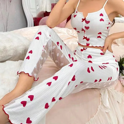 Women's Red Heart Print Pajama Set - Soft Sleeveless Top and Shorts Sleepwear