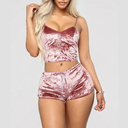 Women's Velvet Pajama Set - Sleeveless V-Neck Camisole and Shorts