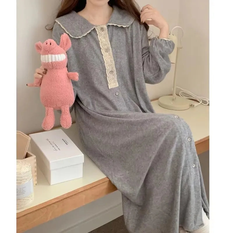 Women’s Lace Long Sleeve Nightgown – Korean Style Solid Sleepwear, Autumn Pajamas for Home Relaxation