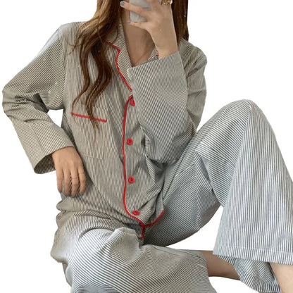 Women's Striped Pajama Set - Long-Sleeved Cardigan and Ankle-Length Pants for Spring and Autumn