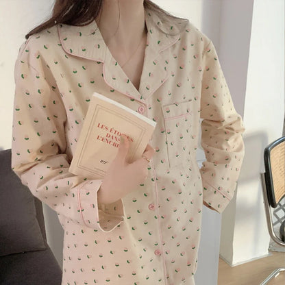 Women's Summer Heart Print Pajama Set - Long Sleeve Cardigan Sleepwear