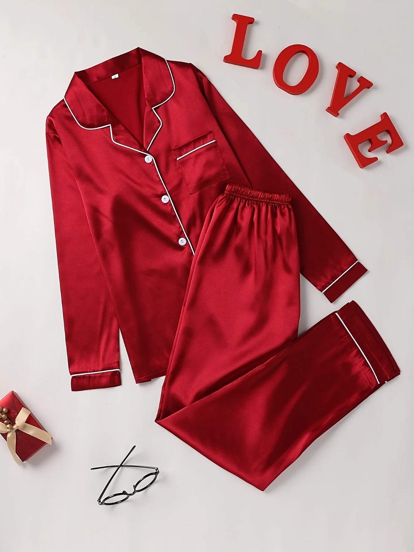 Women's Long Sleeve Button-Up Satin Pajama Set