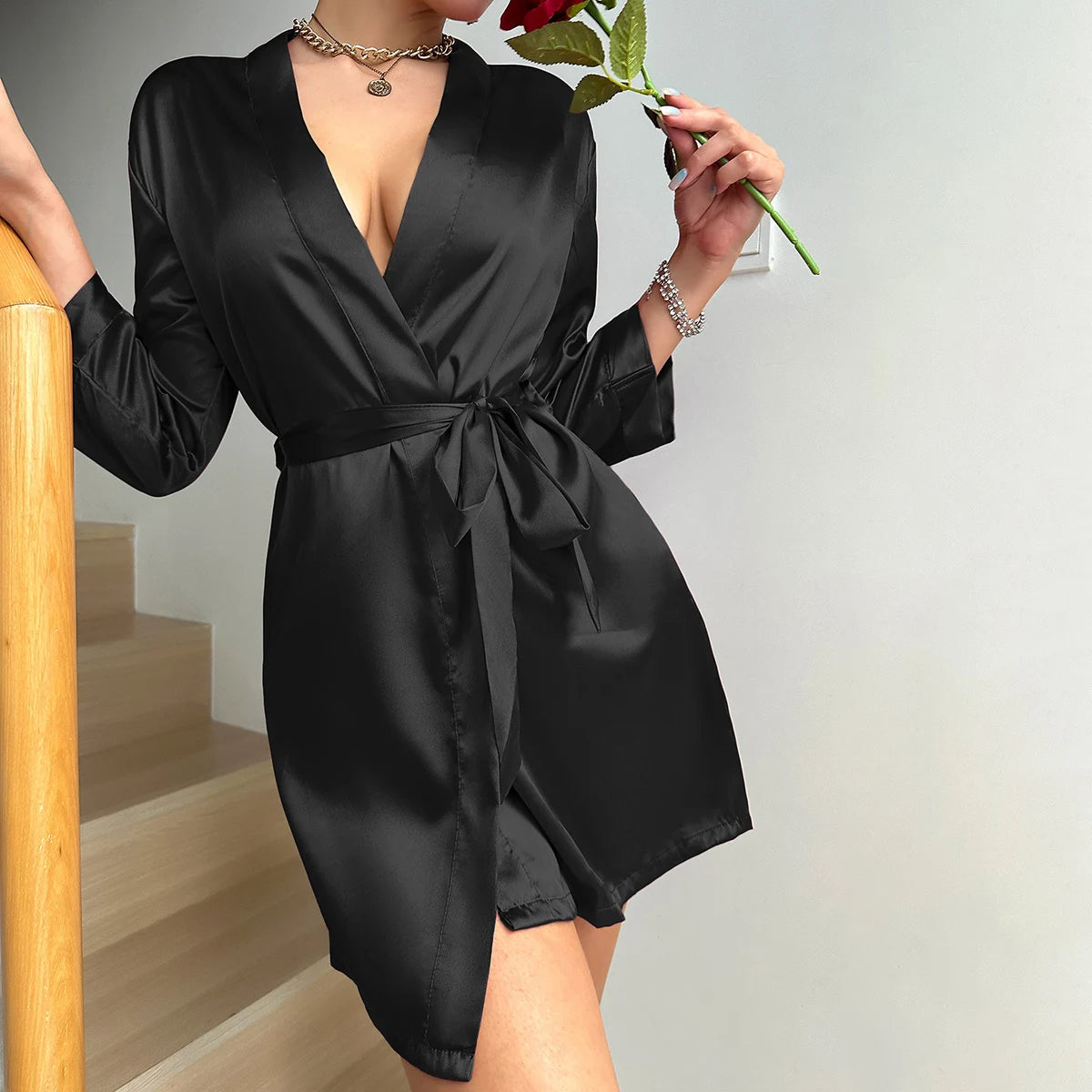 Women’s Ice Silk Bathrobe – Summer Lace-Up Morning Gown, Sexy Home Dress