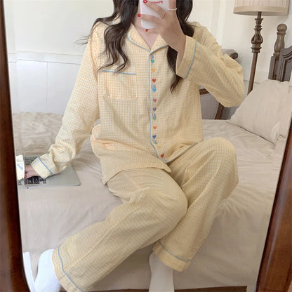 Women's Summer Heart Print Pajama Set - Long Sleeve Cardigan Sleepwear