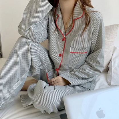 Women's Striped Pajama Set - Long-Sleeved Cardigan and Ankle-Length Pants for Spring and Autumn