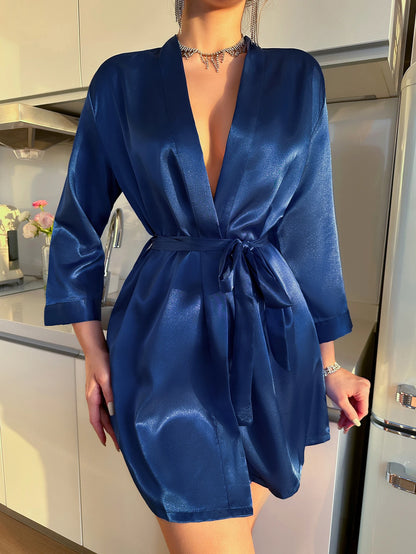 Women’s Ice Silk Bathrobe – Summer Lace-Up Morning Gown, Sexy Home Dress