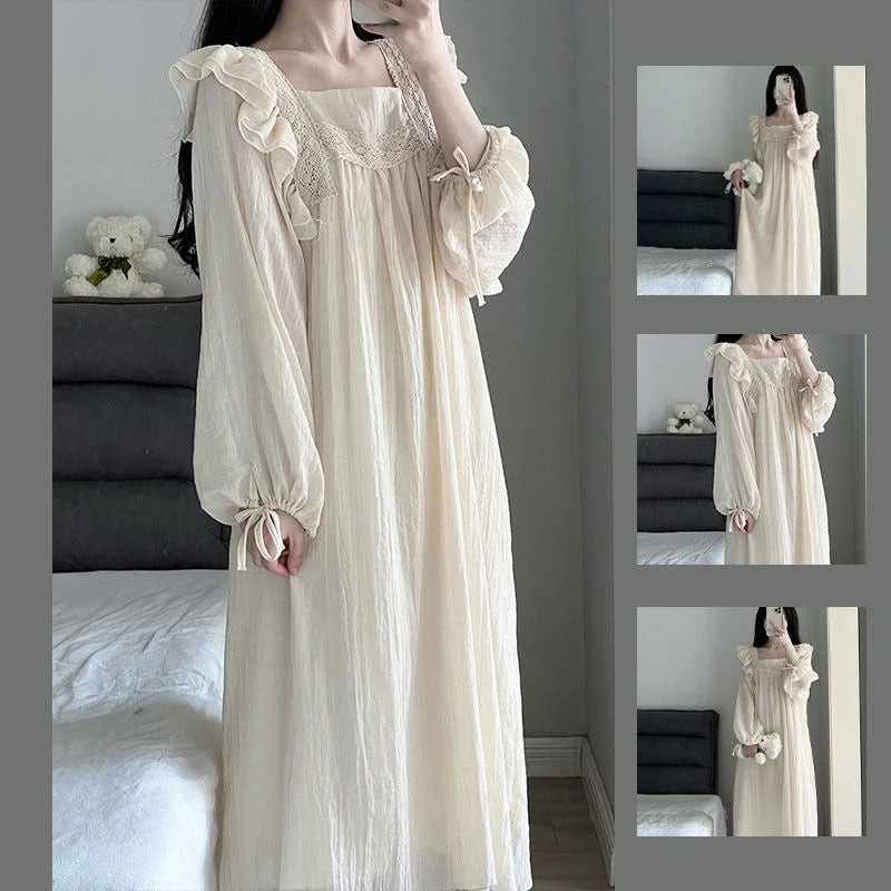 Women’s Lace Nightgown – Long Sleeve Ruffled Sleepwear, Spring Homewear Pajamas with Square Collar