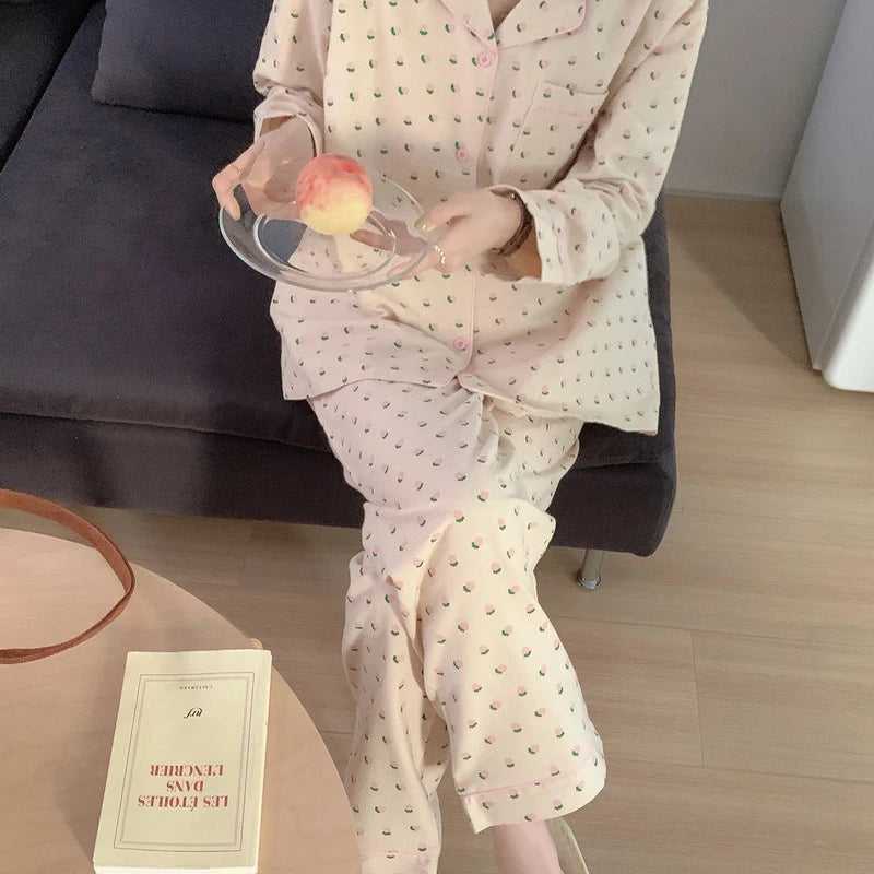 Women's Summer Heart Print Pajama Set - Long Sleeve Cardigan Sleepwear