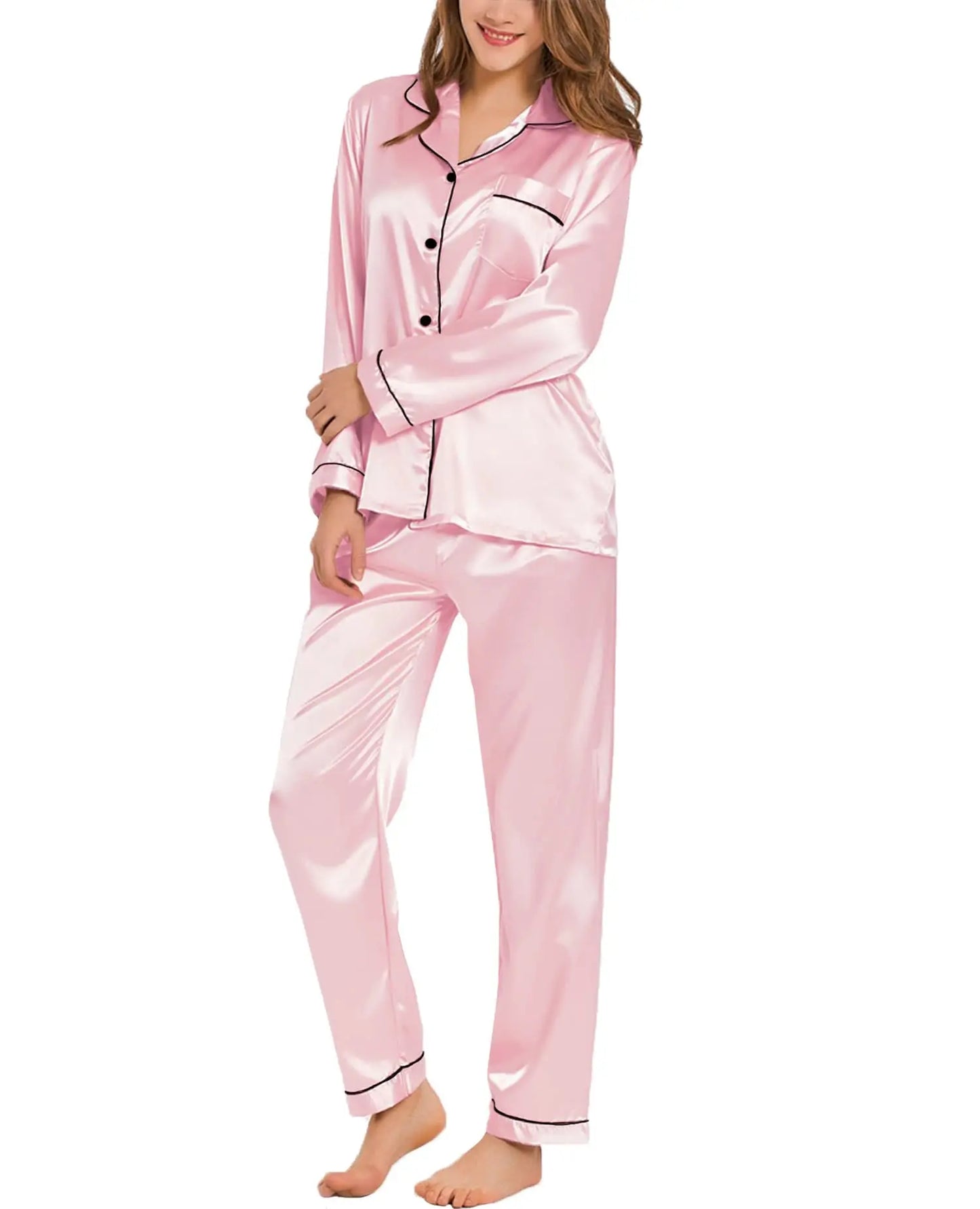 Women's Satin Pajama Set - Button-Down Long Sleeve Loungewear