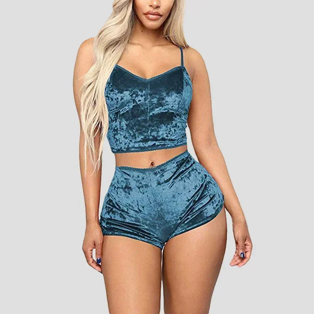 Women's Velvet Pajama Set - Sleeveless V-Neck Camisole and Shorts