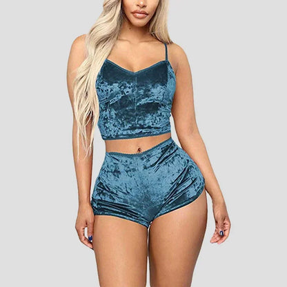 Women's Velvet Pajama Set - Sleeveless V-Neck Camisole and Shorts