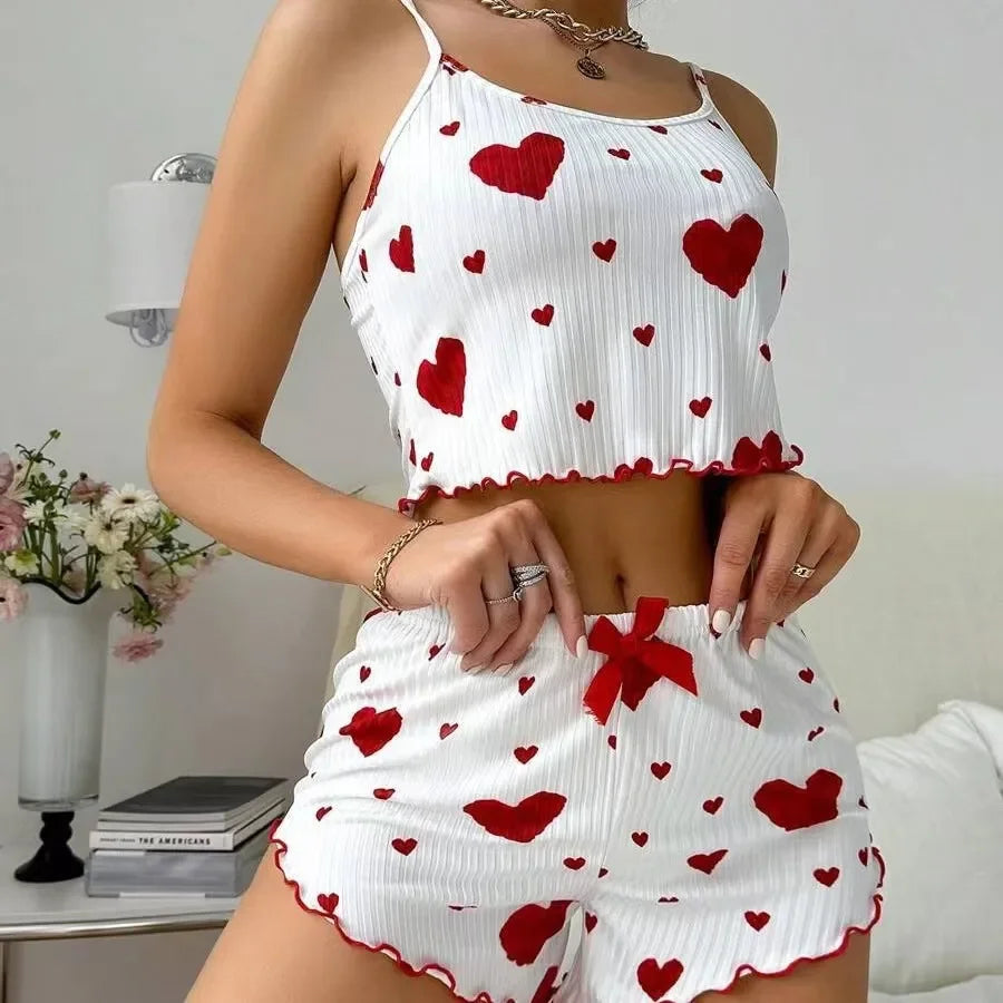 Women's Red Heart Print Pajama Set - Soft Sleeveless Top and Shorts Sleepwear