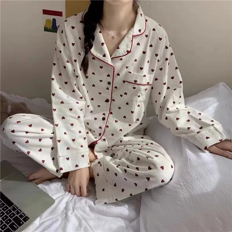 Women's Summer Heart Print Pajama Set - Long Sleeve Cardigan Sleepwear