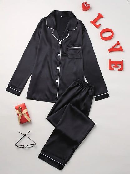 Women's Long Sleeve Button-Up Satin Pajama Set