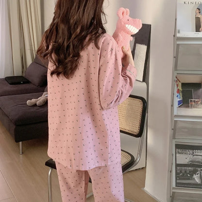 Women's Summer Heart Print Pajama Set - Long Sleeve Cardigan Sleepwear