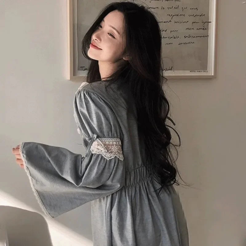 Women’s Lace Long Sleeve Nightgown – Korean Style Solid Sleepwear, Autumn Pajamas for Home Relaxation