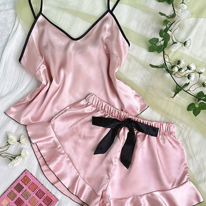 Women's Satin Pajama Set - V-Neck T-Shirt with Ruffled Edges and Bow Shorts