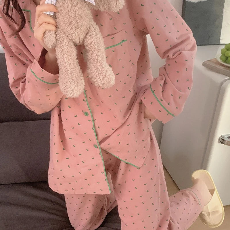 Women's Summer Heart Print Pajama Set - Long Sleeve Cardigan Sleepwear