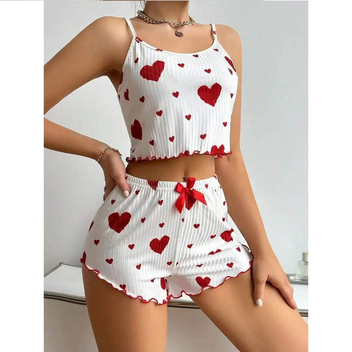 Women's Red Heart Print Pajama Set - Soft Sleeveless Top and Shorts Sleepwear